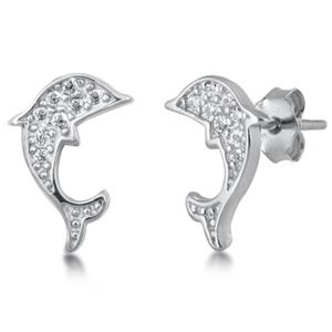 .925 Sterling Silver Clear CZ Dolphin Stud Earring